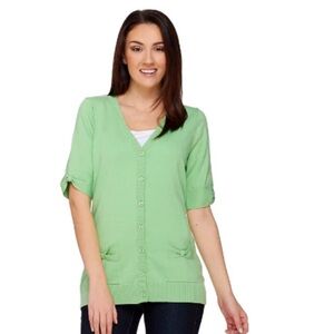 Denim & Co. cardigan titled the "Elbow Sleeve Cardigan with Bow Details".